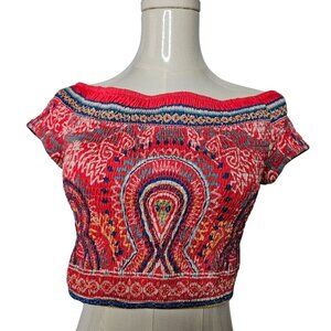 Flying Tomato Paisley Medium Off Shoulder Crop Top Cinch Stretchy Boho Red